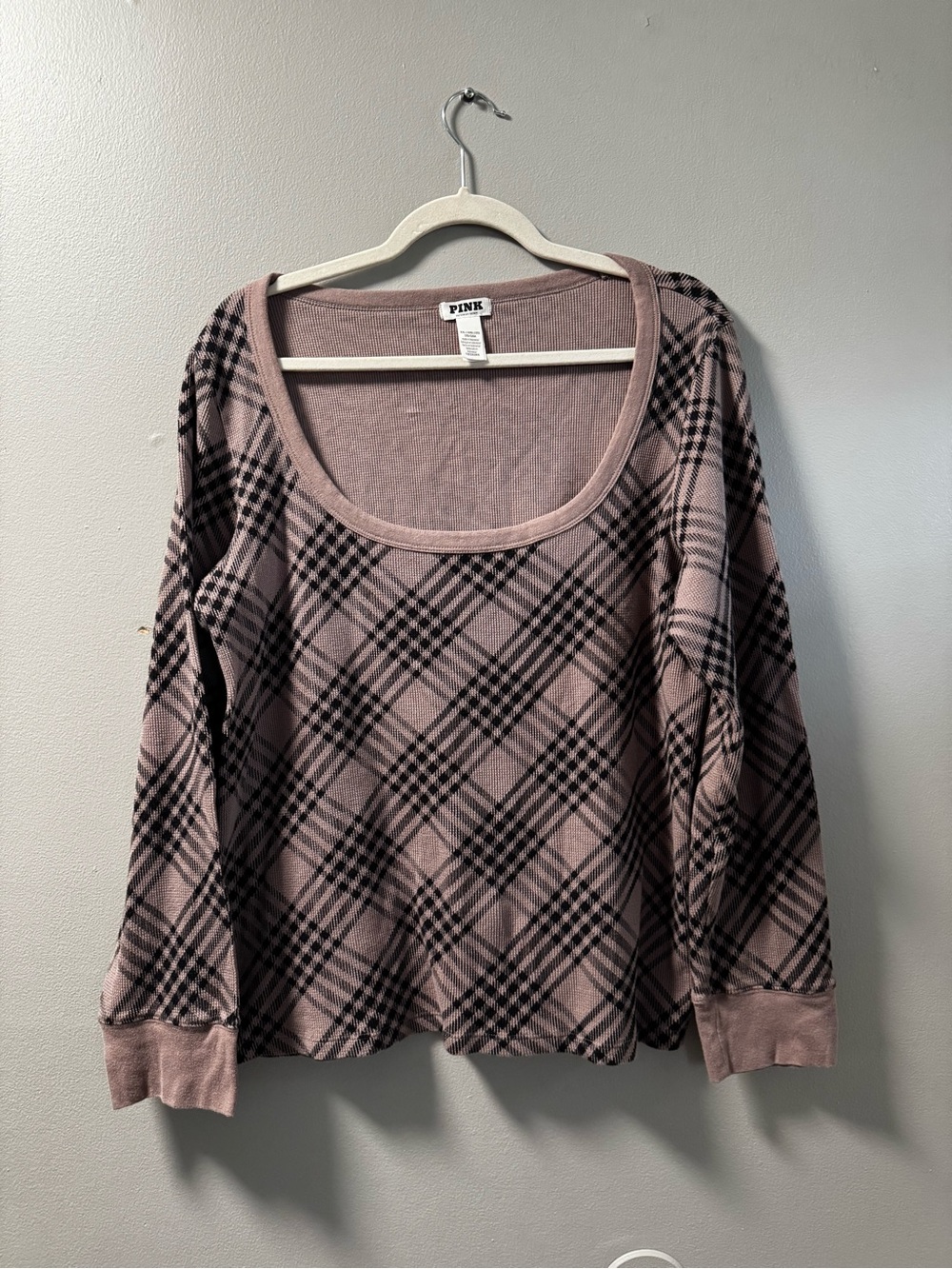 XXL PINK Victoria's Secret Thermal Dusty Rose Plaid Scoop Neck Long Sleeve Top